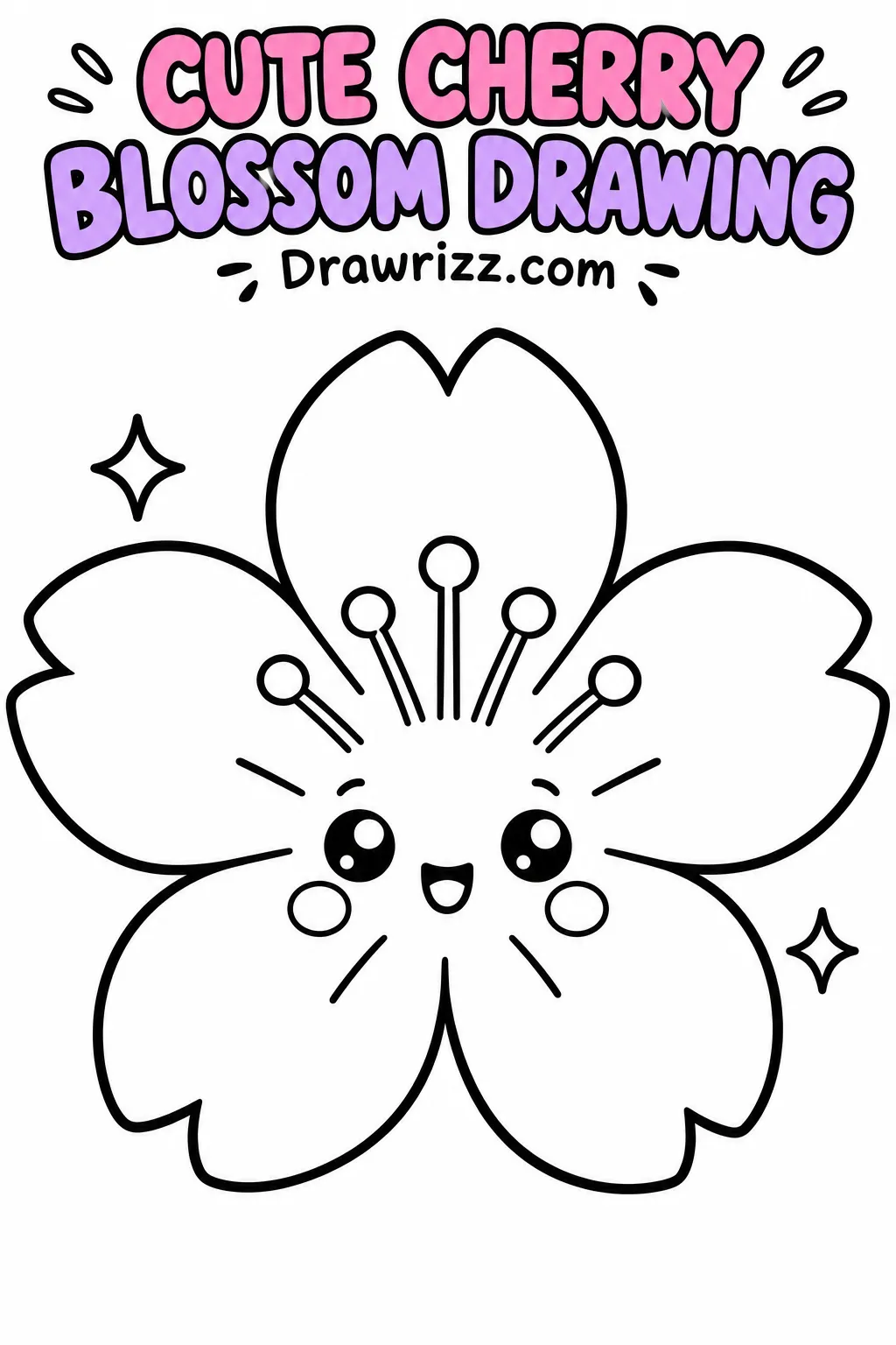 Cherry Blossom Drawing Ideas featuring a cute kawaii sakura flower with smiling face, five petals and easy coloring outlines.