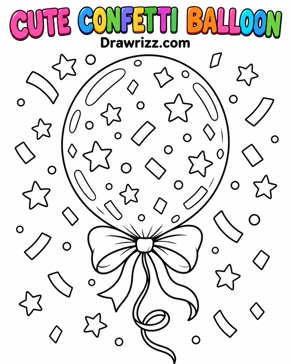 Confetti Drawing Ideas featuring a cute party balloon with a bow, curling ribbon, stars, dots, and festive shapes to color in