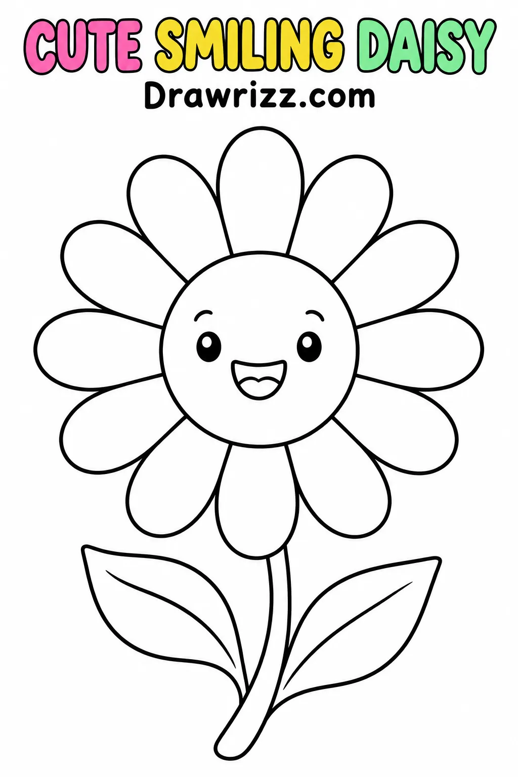 Daisy Drawing Ideas featuring a cute smiling daisy with twelve rounded petals, a curved stem and two leaves for kids to color