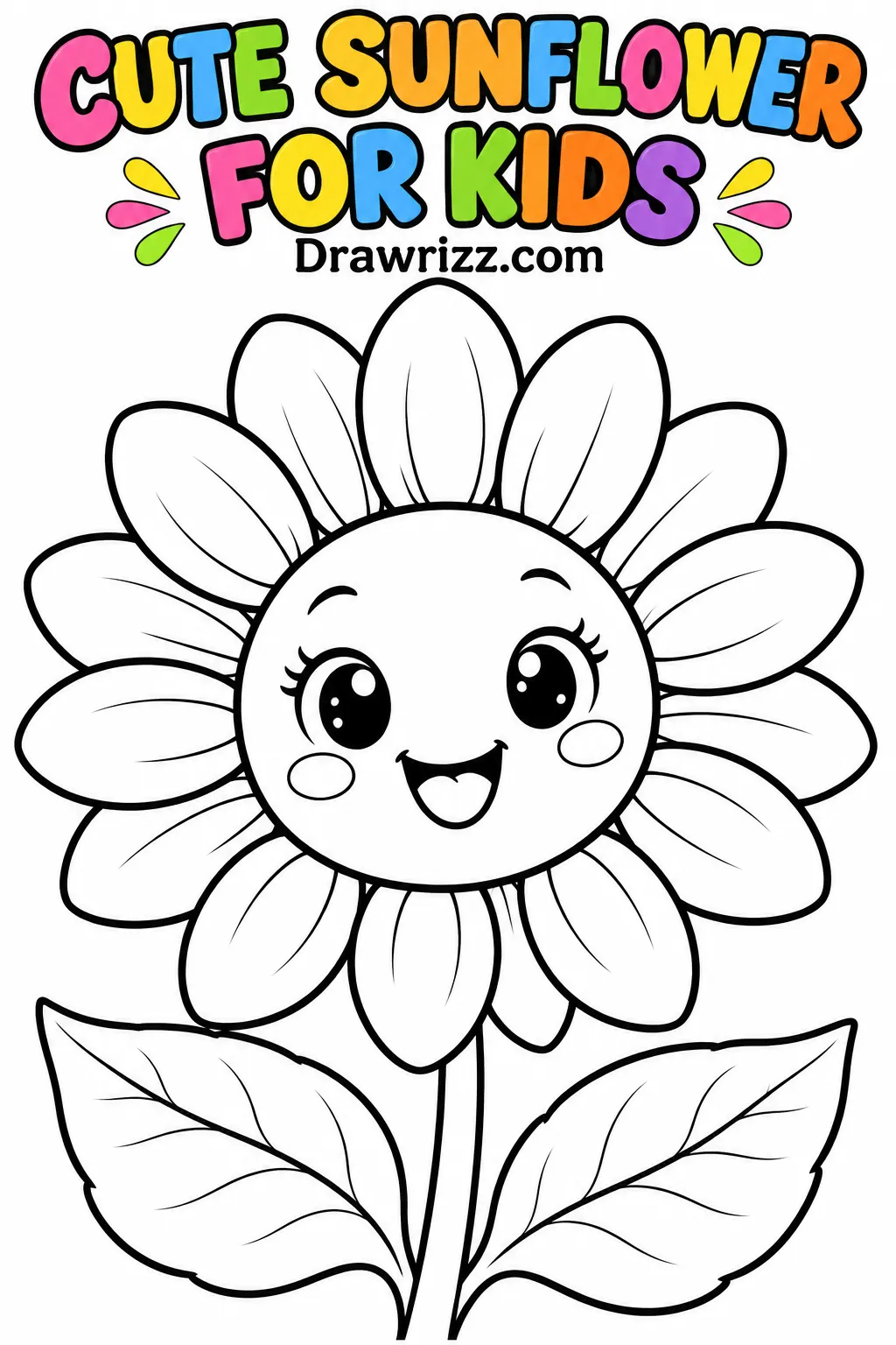 Sunflower drawing ideas featuring a cute cartoon sunflower with big eyes, a smiling face, rounded petals, and leaves to color