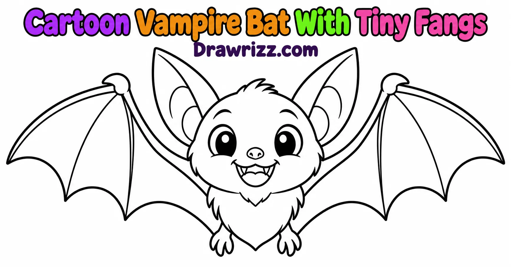 15 Bat Drawing Ideas for Cute and Easy Sketches Cute cartoon vampire bat with tiny fangs, big eyes, and spread wings. Fun Bat Drawing Ideas for kids to color and enjoy