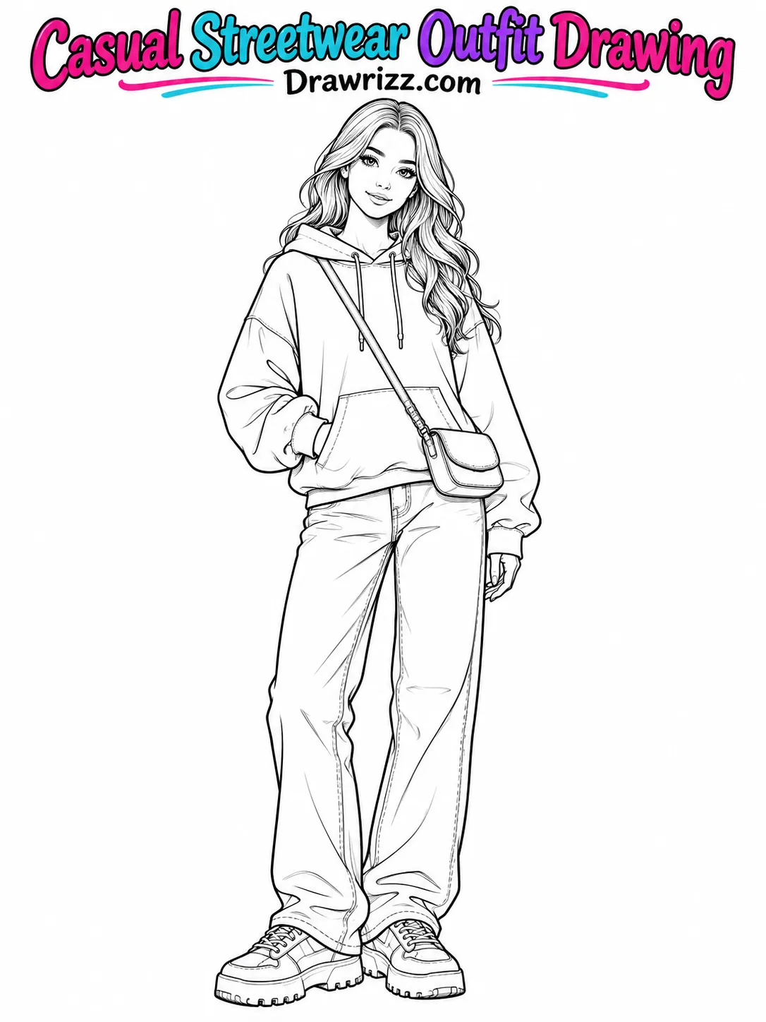 Fashion sketch drawing ideas featuring a woman in an oversized hoodie, relaxed jeans, chunky sneakers, and a crossbody bag