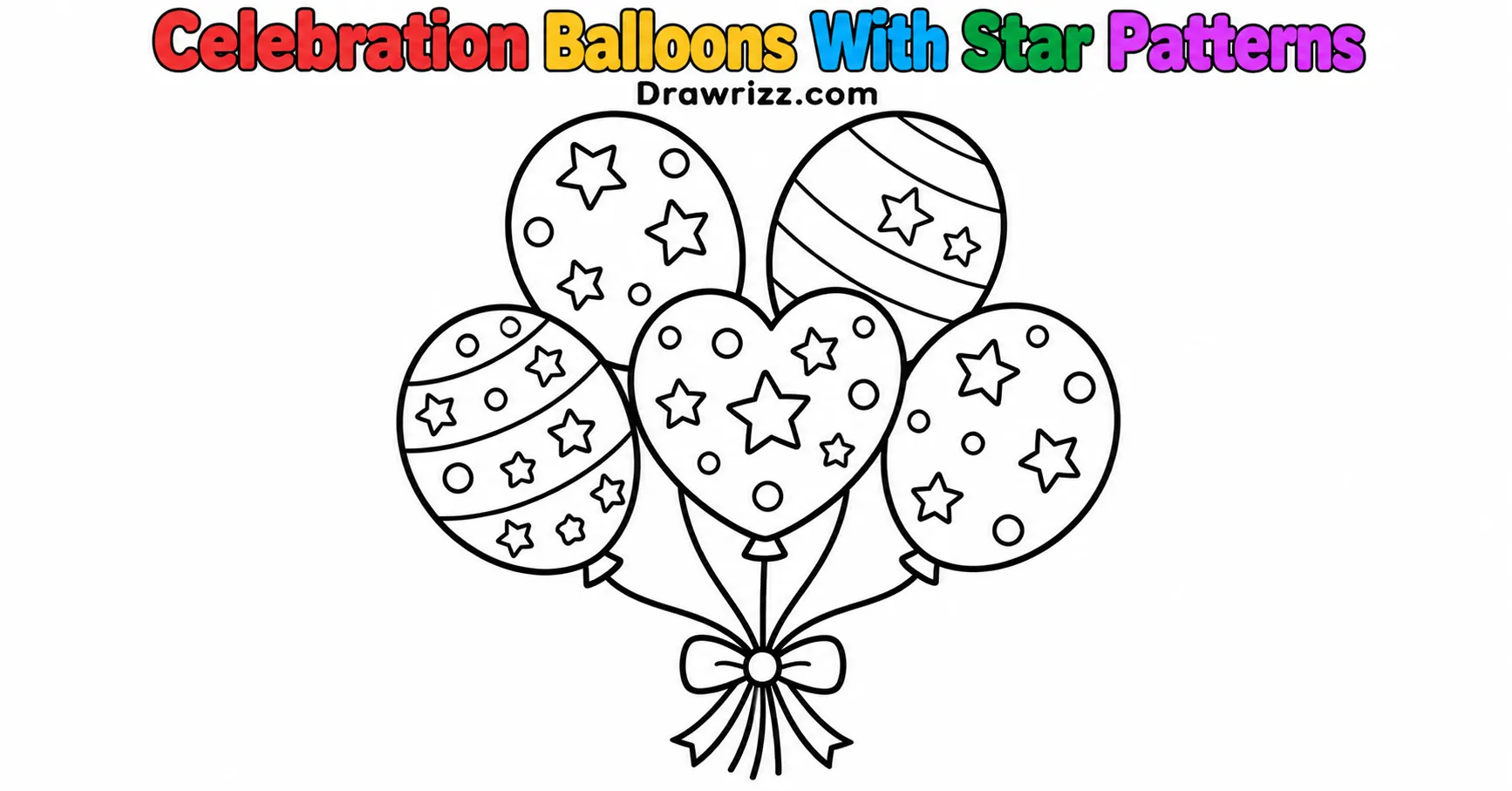 New Year Drawing Ideas featuring five celebration balloons with stars, circles, stripes, and a ribbon bow in black-and-white art.