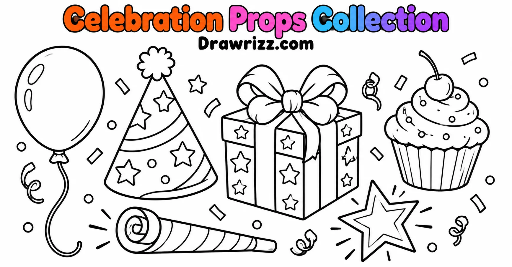Party Drawing Ideas featuring celebration props with a balloon, party hat, gift box, cupcake, party horn and festive confetti.