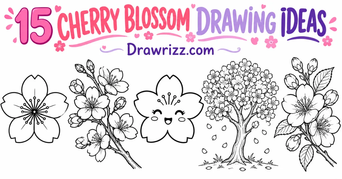 Cherry Blossom Drawing Ideas featuring 15 easy sakura sketches, cute flowers, blooming branches, and trees for kids to color.