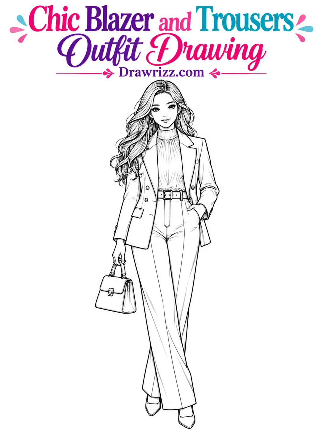 Fashion sketch drawing ideas featuring a chic woman in a tailored blazer, high-neck blouse, trousers, heels, and handbag in ink.