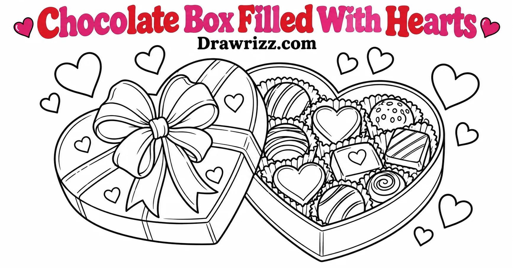 Valentine’s Day Drawing Ideas featuring a heart-shaped chocolate gift box, ribbon bow, assorted sweets, and cute floating hearts.