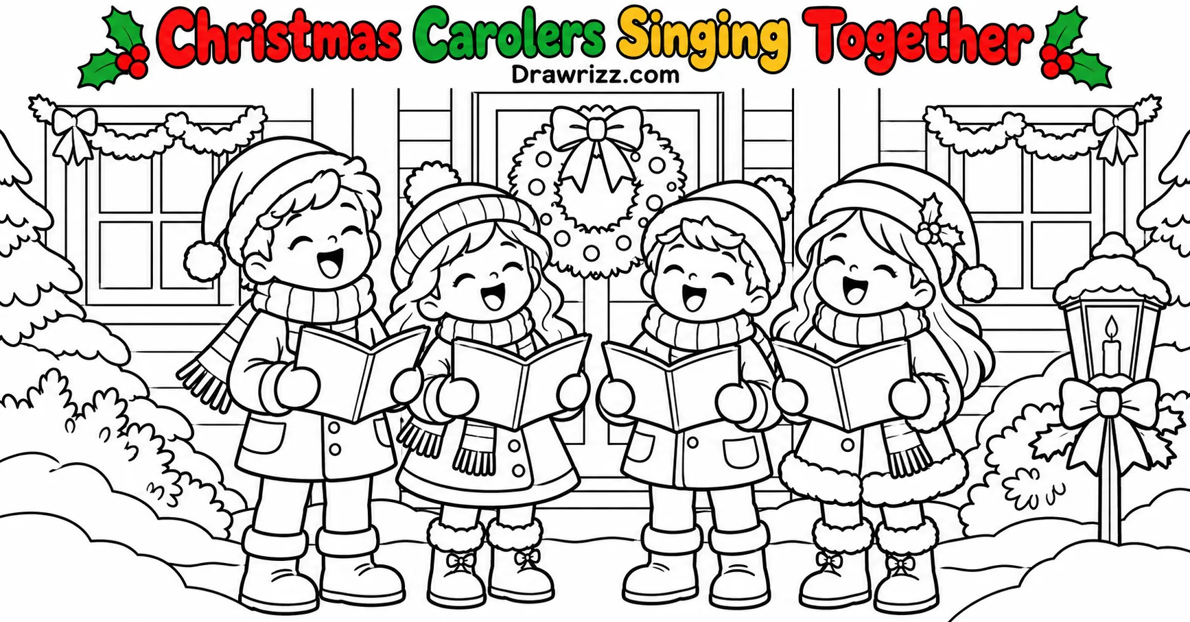Christmas Celebration Drawing Ideas featuring four cheerful carolers singing with songbooks outside a festive decorated house.