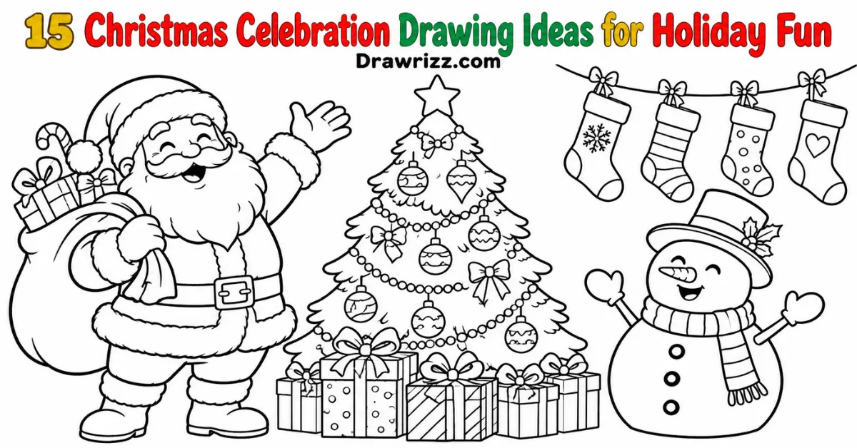 Christmas Celebration Drawing Ideas featuring Santa Claus, a Christmas tree, wrapped gifts, snowman and stockings in line art