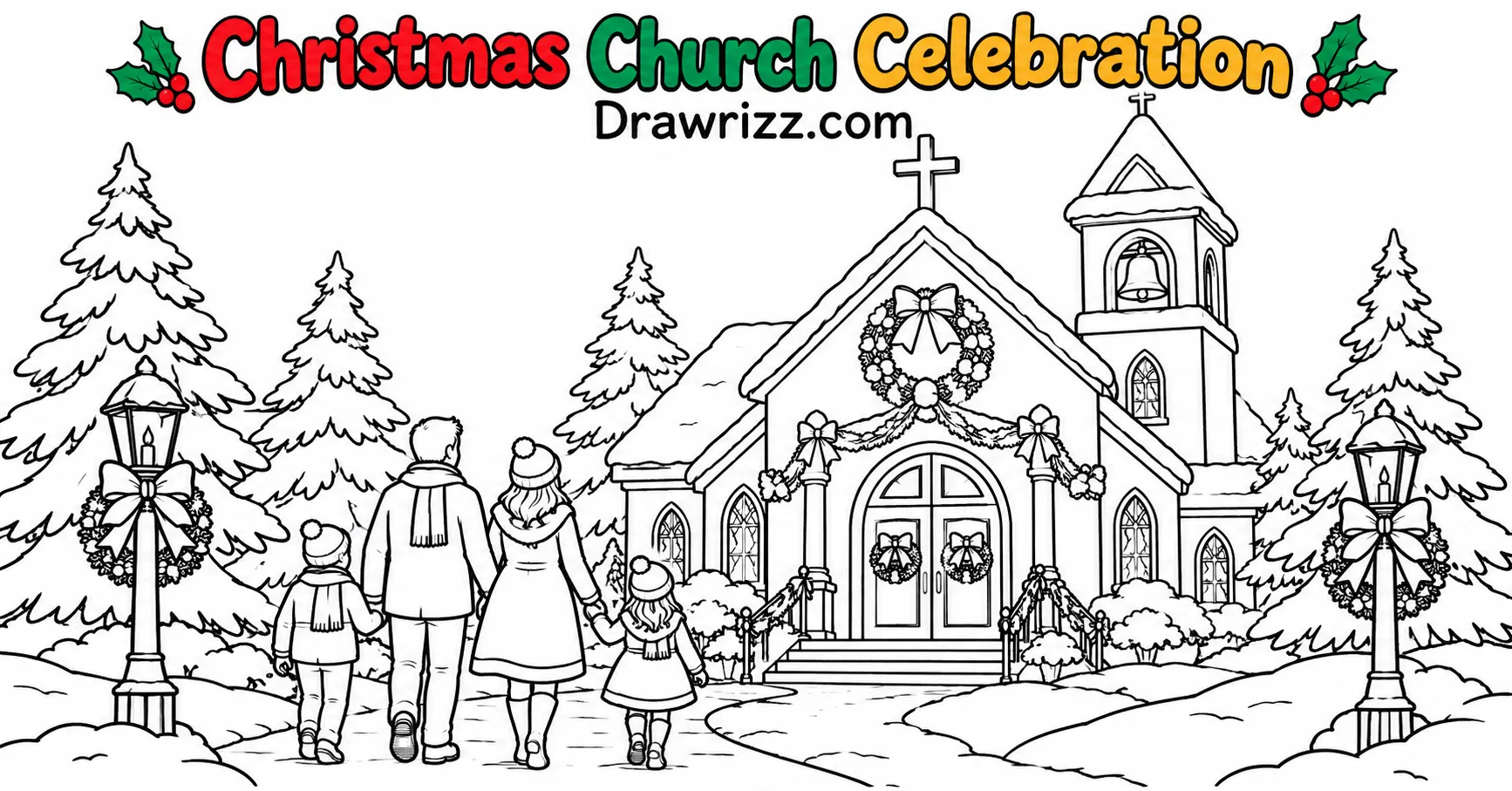 Christmas Celebration Drawing Ideas featuring a festive church, family walking in snow, wreaths, and pine trees in coloring page art.