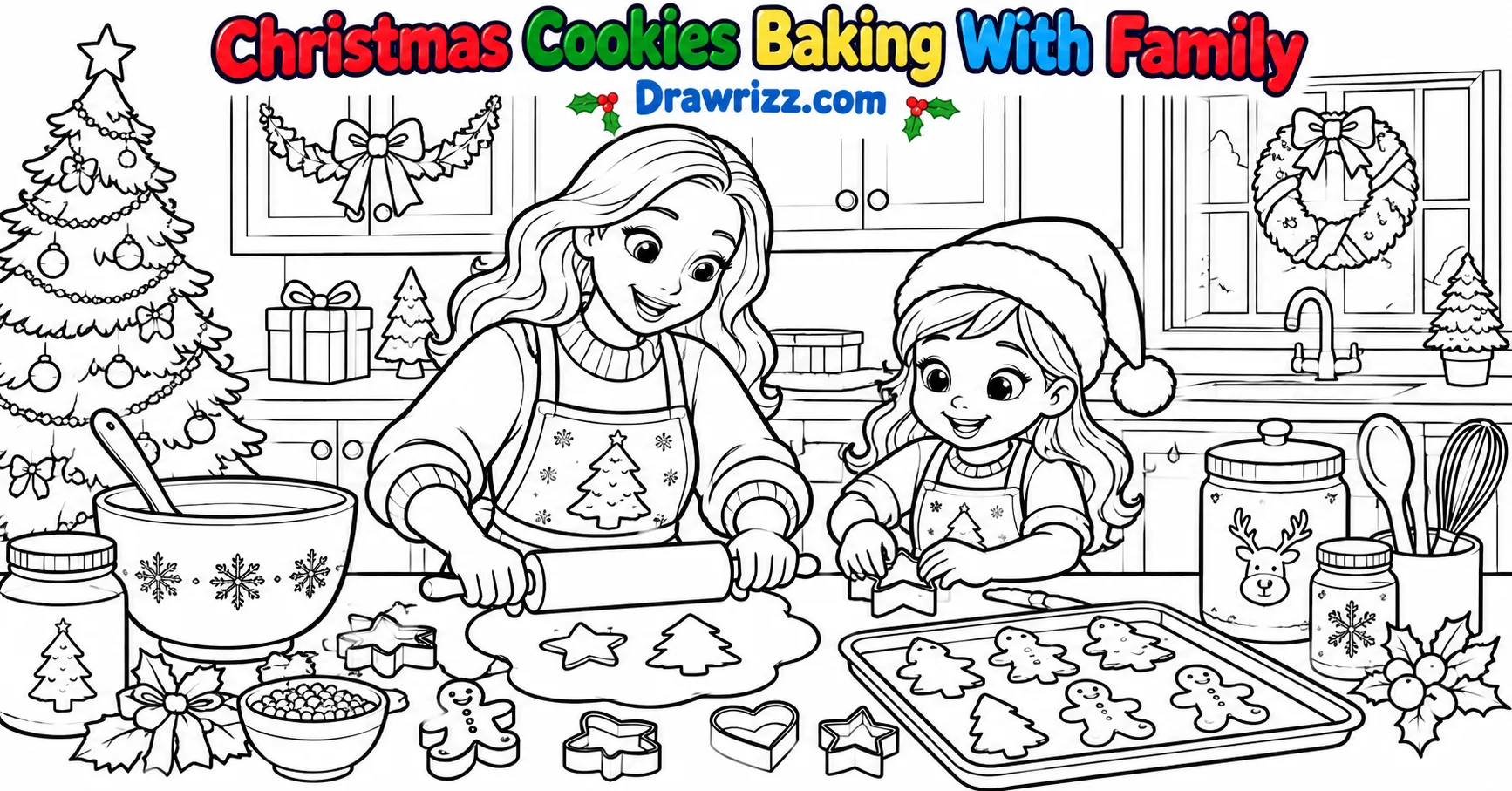 Christmas Celebration Drawing Ideas featuring a mother and child baking festive cookies with rolling pins, cookie cutters, and trays.