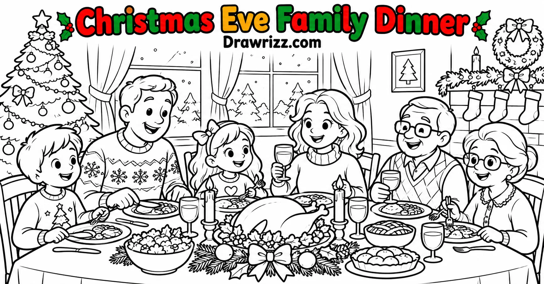 Christmas Celebration Drawing Ideas featuring a family dinner, festive table, Christmas tree, and easy black-and-white coloring art