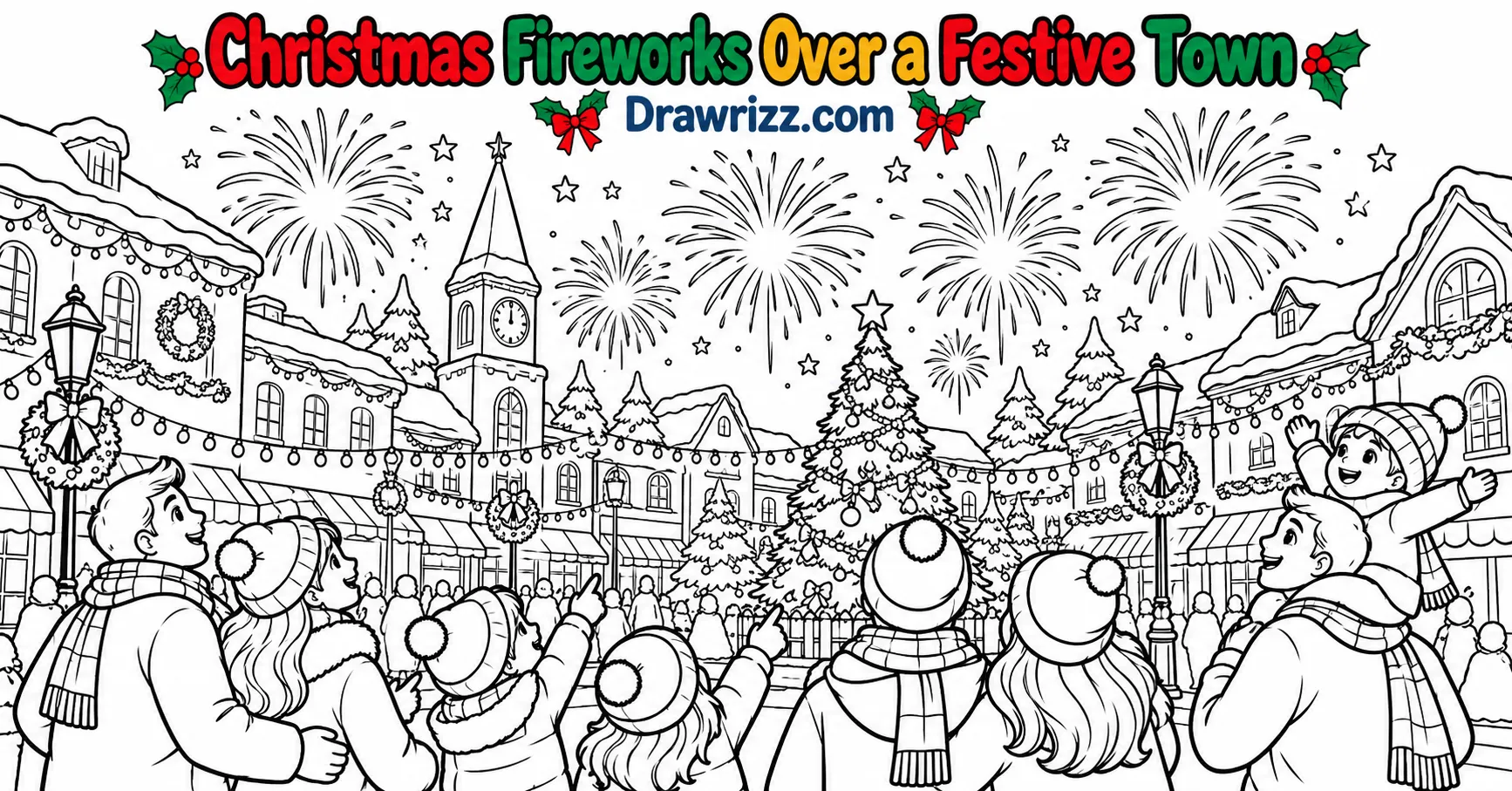 Christmas Celebration Drawing Ideas featuring festive town fireworks, smiling families, decorated shops, and a Christmas tree.