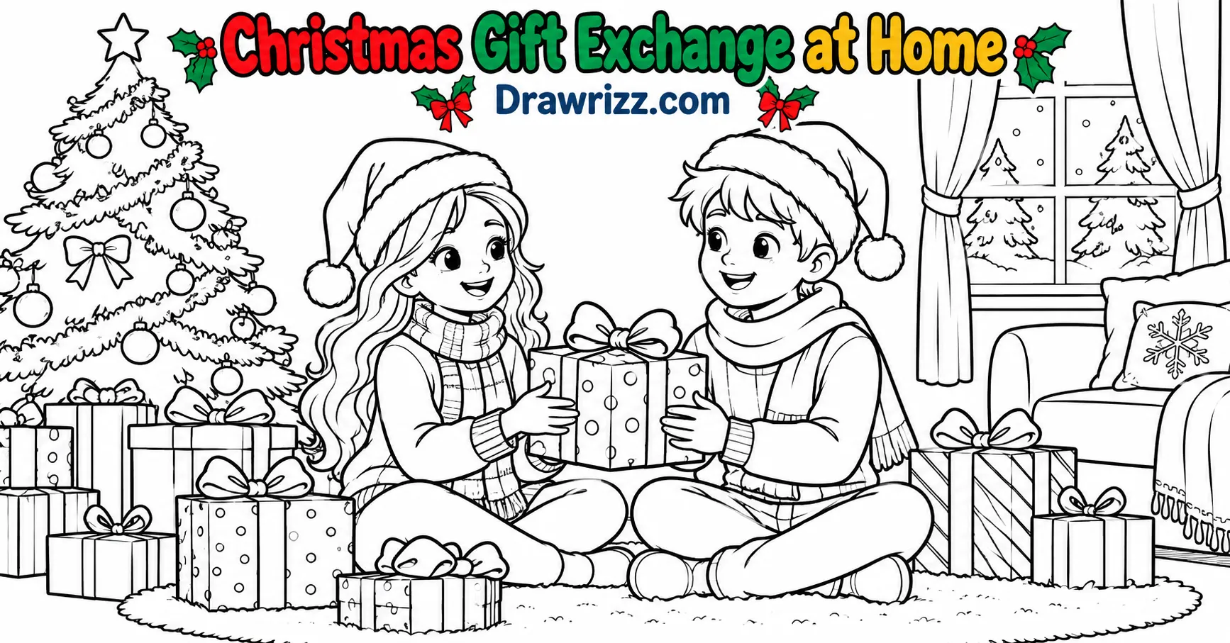 Christmas Celebration Drawing Ideas featuring a joyful family gift exchange at home, with a decorated tree and wrapped presents