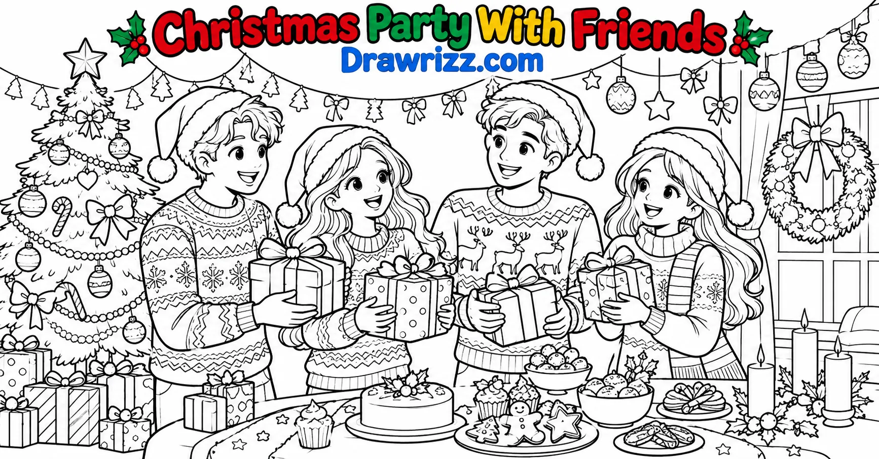Christmas Celebration Drawing Ideas featuring four friends exchanging gifts at a festive party with a tree, treats, and decorations.