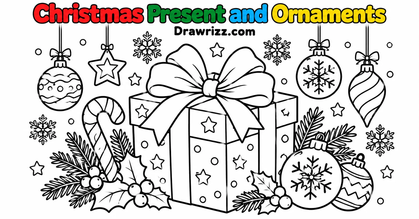 Gift Drawing Ideas featuring a Christmas present with ornaments, snowflakes, stars and a candy cane in festive black-and-white line art
