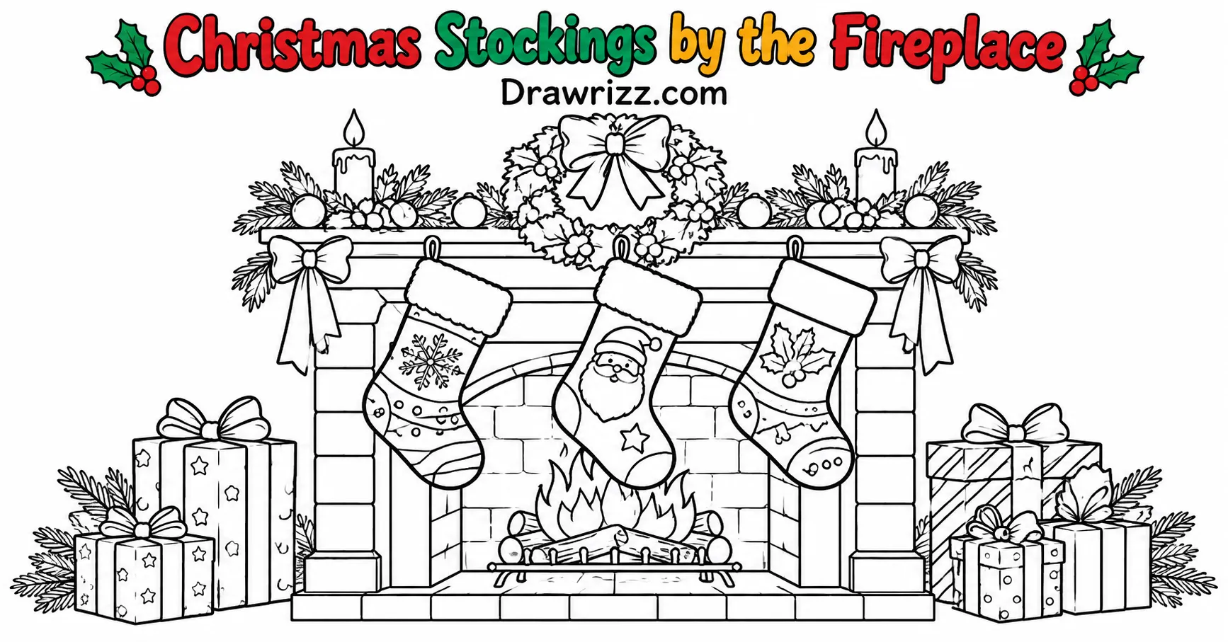 Christmas Celebration Drawing Ideas featuring festive stockings, a wreath, fireplace, and wrapped gifts in black-and-white line art.