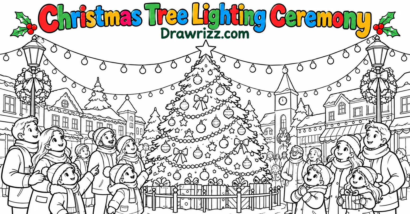 Christmas Celebration Drawing Ideas featuring a festive tree lighting ceremony, smiling families, holiday lights, and town square.