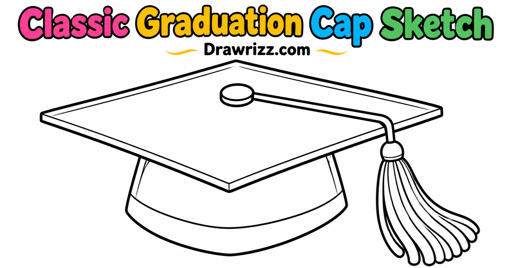 Graduation Drawing Ideas featuring a classic graduation cap sketch with a flowing tassel, clean black outlines, and a white background