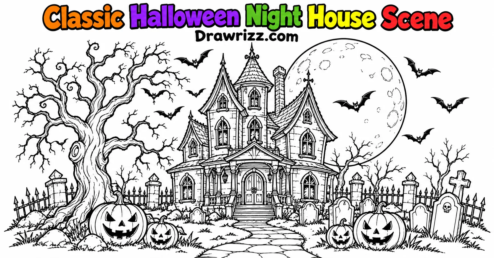 Haunted house drawing ideas with a spooky home, full moon, bats, pumpkins, twisted trees, tombstones and a winding pathway