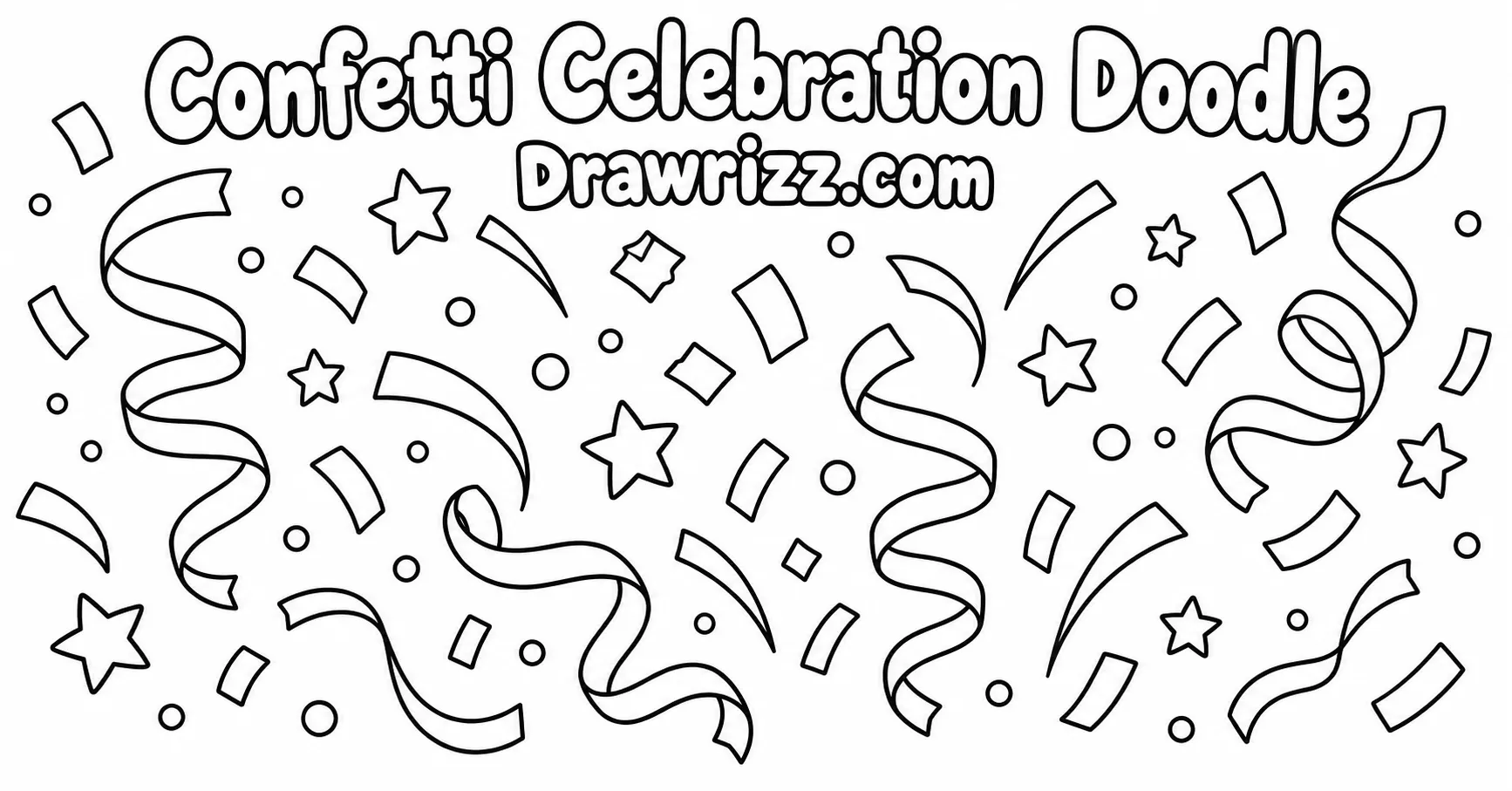 Party Drawing Ideas featuring festive confetti, curling streamers, stars and fun celebration doodles in simple black outlines.