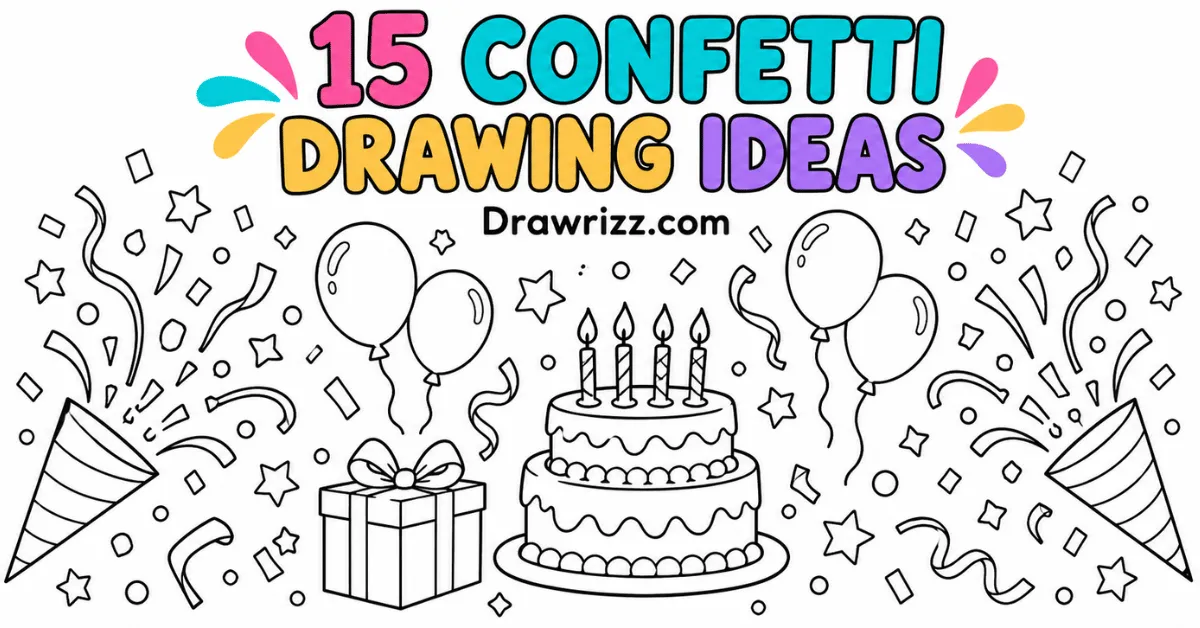 Confetti Drawing Ideas featuring party poppers, balloons, birthday cake, gift box, stars and streamers in black and white art.