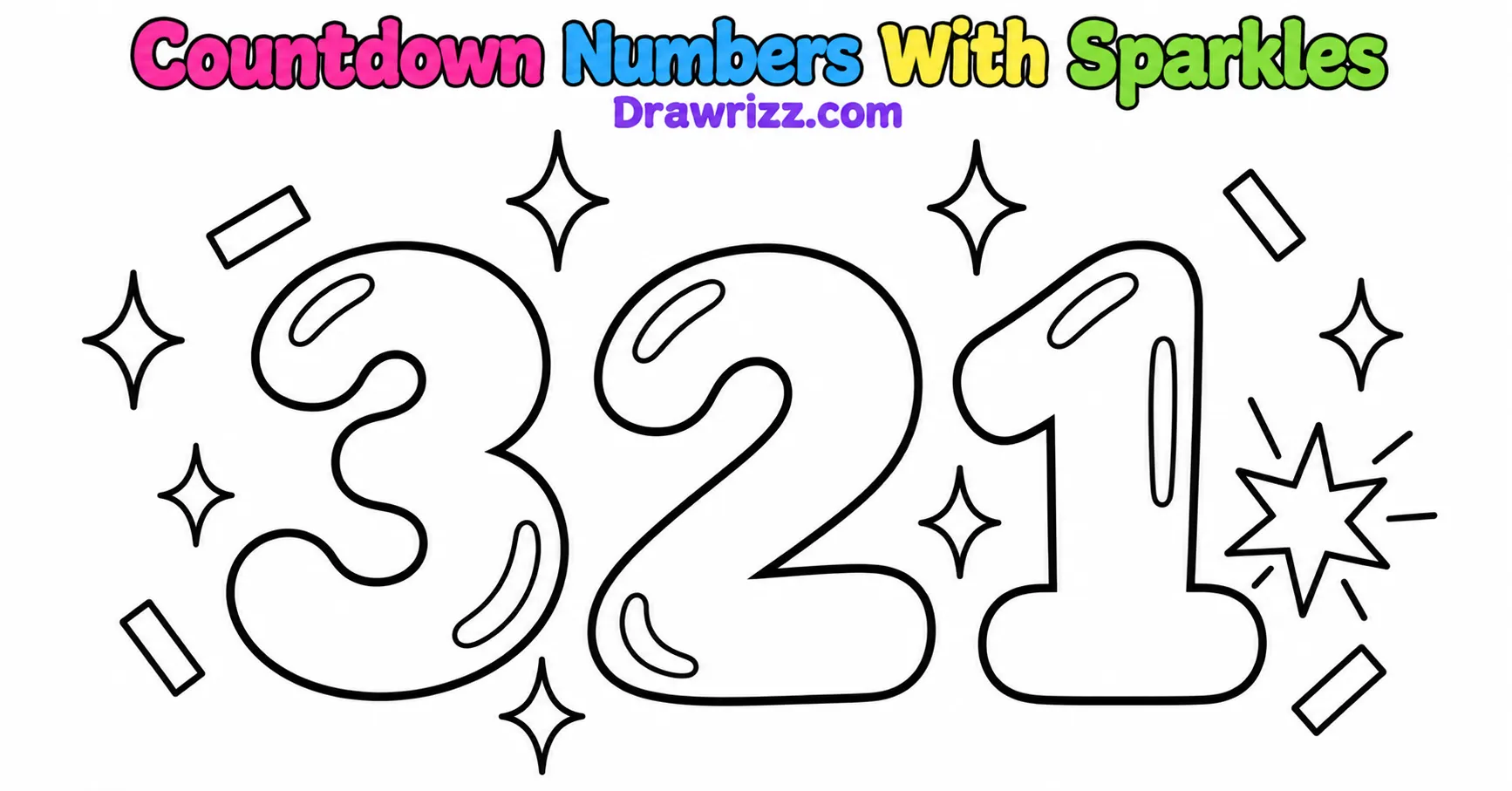 New Year Drawing Ideas featuring large 3 2 1 countdown numbers with sparkles, confetti, and a starburst in black-and-white line art.
