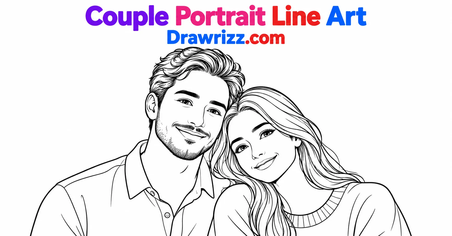 Anniversary drawing ideas featuring romantic couple portrait line art, clean black outlines, modest outfits and sweet smiles