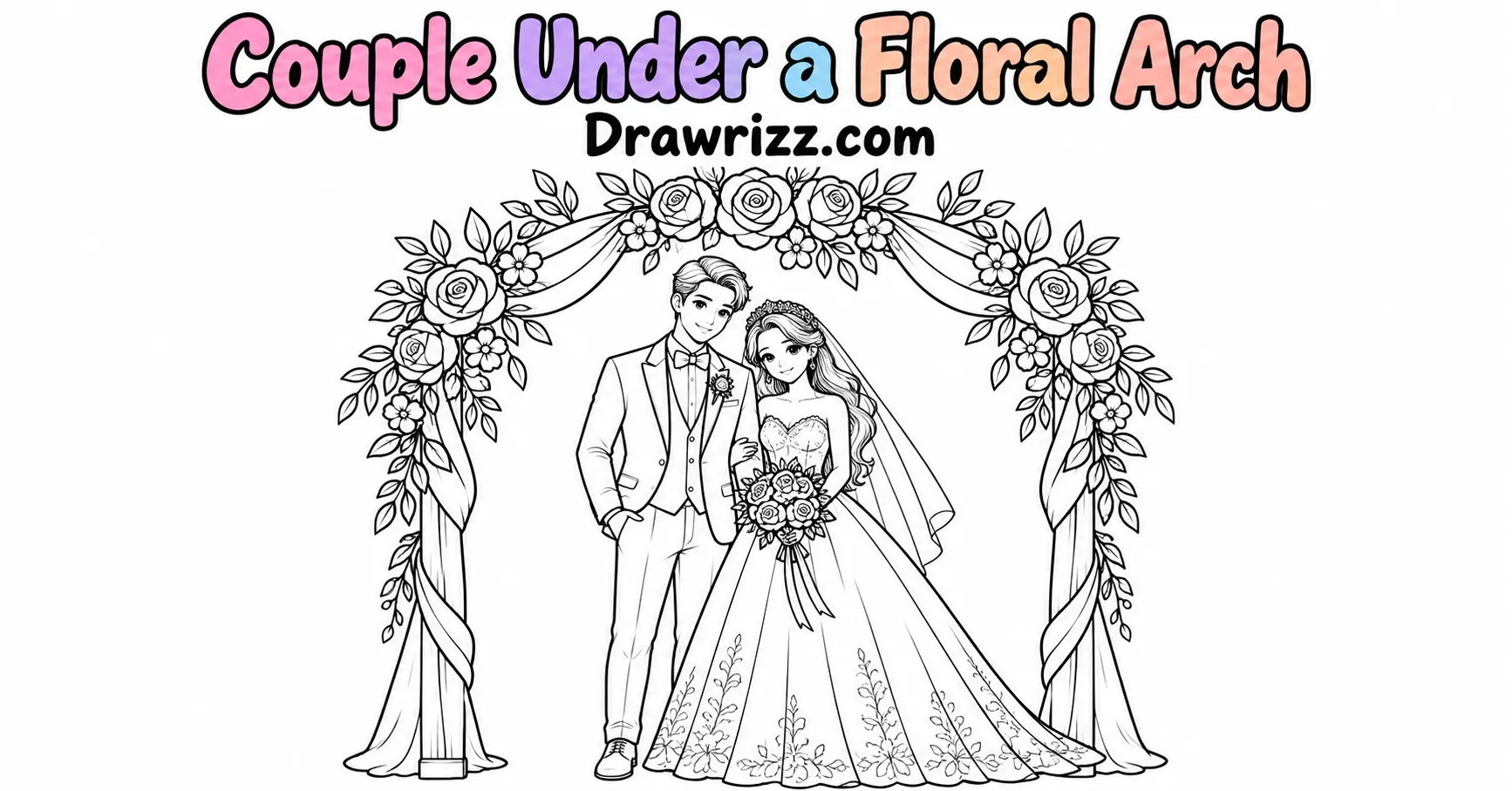 15 Wedding Drawing Ideas for Easy and Romantic Sketches Wedding drawing ideas featuring a bride and groom under a romantic floral arch with roses and leaves in clean black-and-white line art.