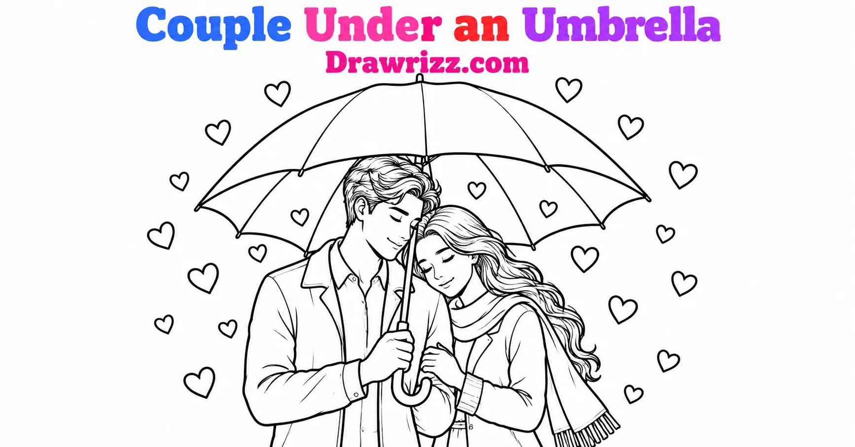 Anniversary drawing ideas featuring a romantic couple under an umbrella with falling hearts in bold black and white line art.