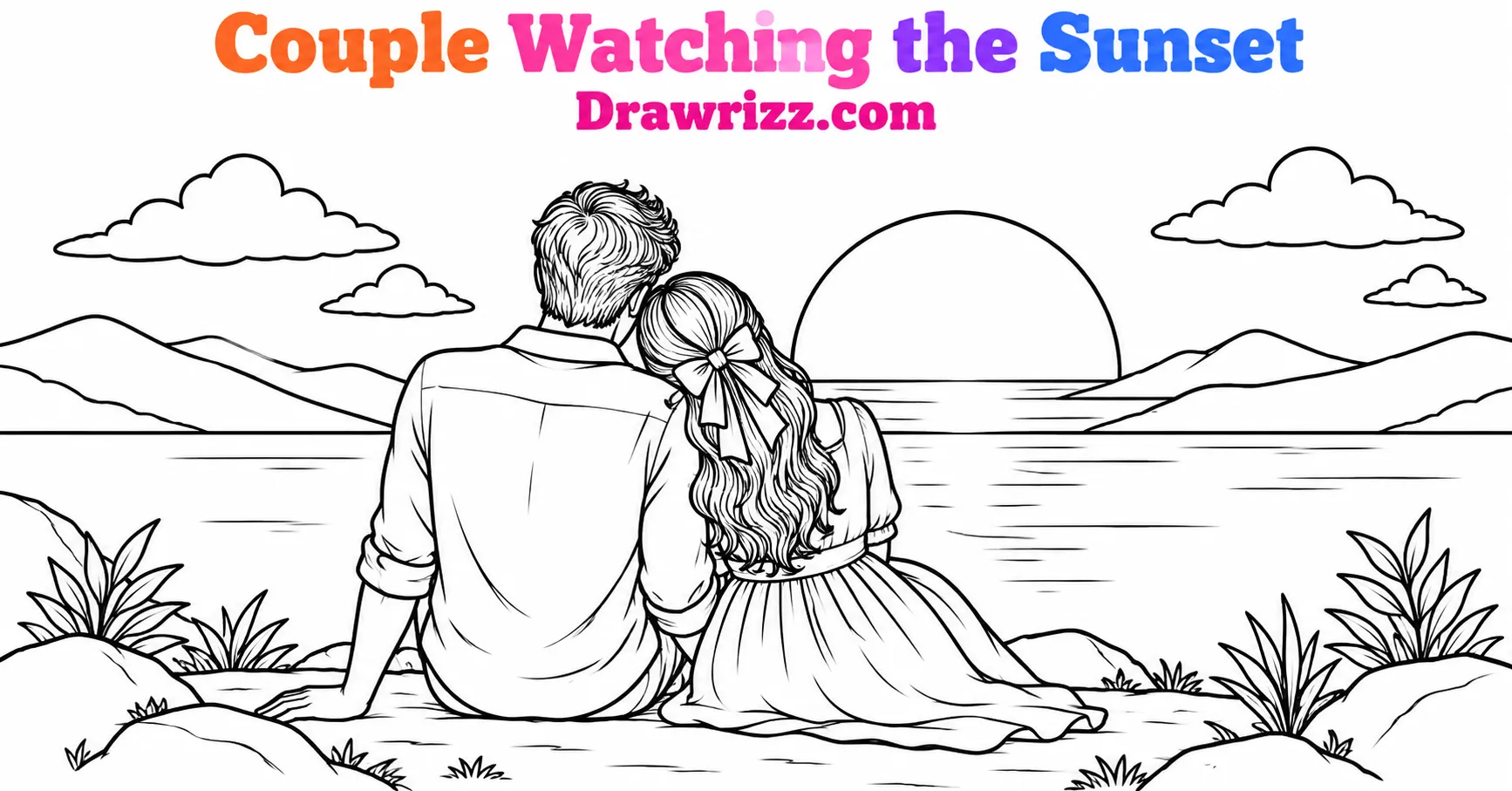 Anniversary drawing ideas showing a romantic couple watching the sunset with hills, clouds and bold black and white line art