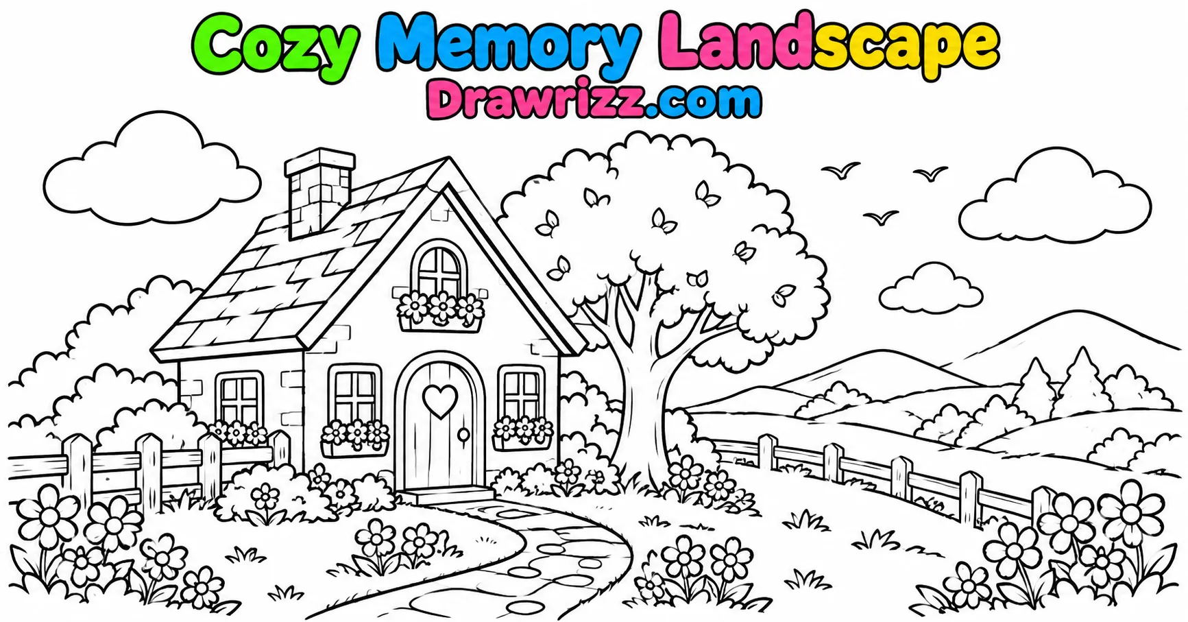 Gift drawing ideas featuring a cozy cottage, curved pathway, leafy tree, flowers, hills, clouds and birds in simple line art