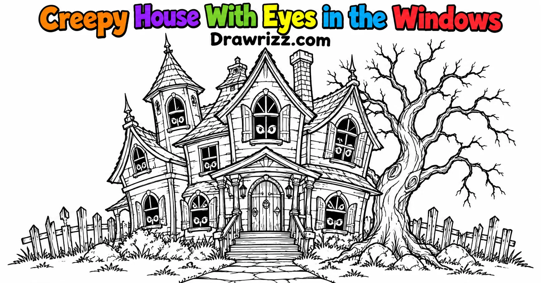 Haunted house drawing ideas with a creepy crooked home, spooky eyes in windows, old steps, twisted tree, and crisp line art.
