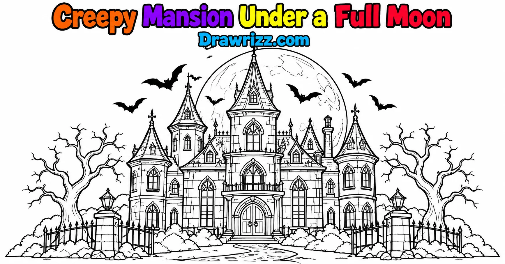 Haunted House Drawing Ideas featuring a creepy mansion, huge full moon, pointed towers, tall windows and flying bats to color