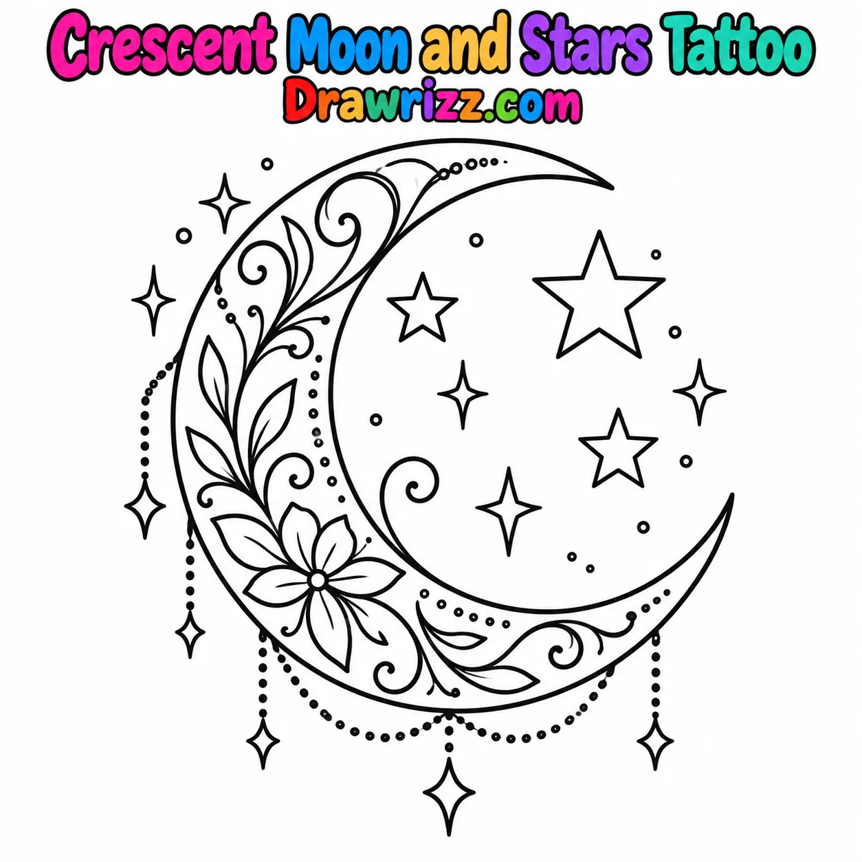 15 Tattoo Sketch Drawing Ideas for Creative Beginners Tattoo Sketch Drawing Ideas featuring a crescent moon with floral patterns, stars, sparkles, and celestial details to color.
