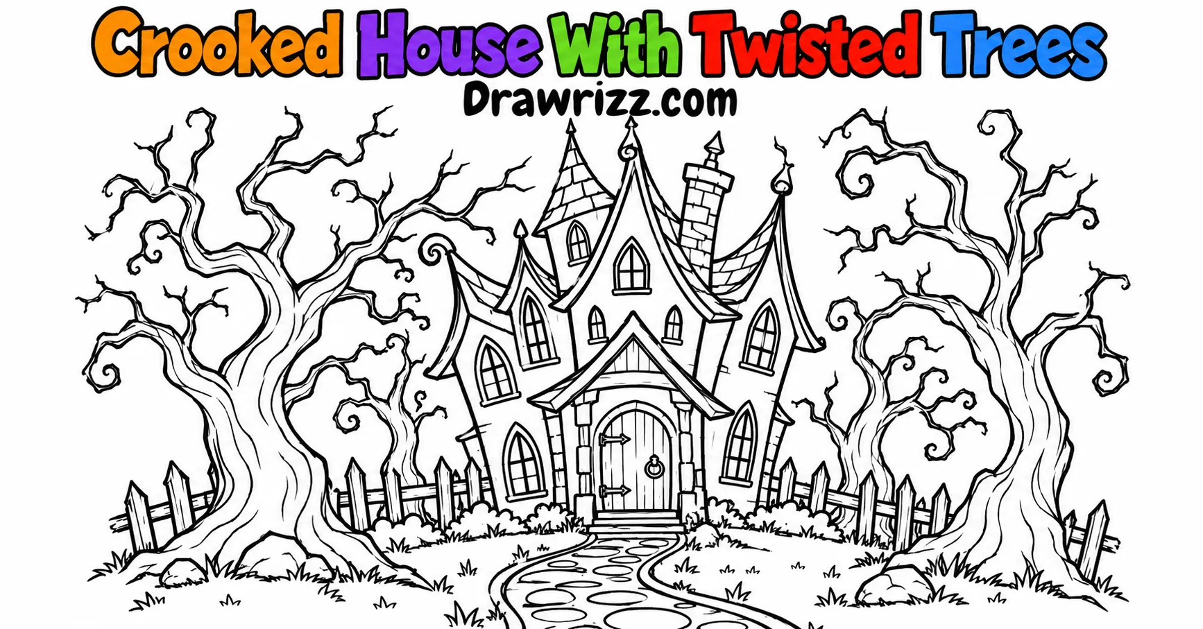 Haunted house drawing ideas with a crooked spooky home, twisted trees, pointed roofs, windows and winding paths for coloring