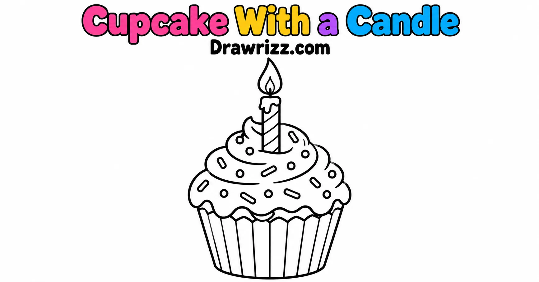 Party Drawing Ideas featuring a cute cupcake with frosting, sprinkles and a glowing birthday candle in simple black-and-white outlines