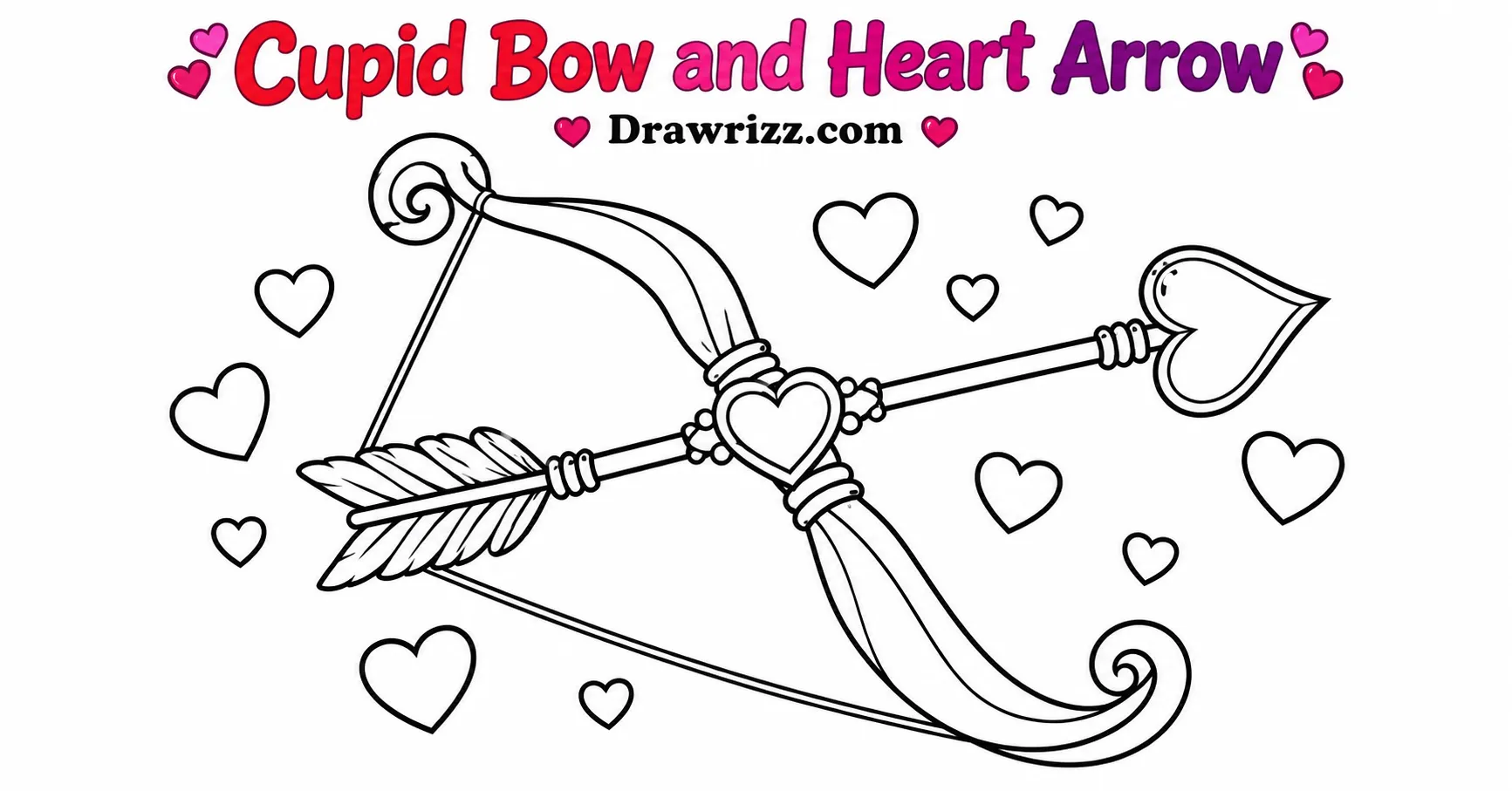 Valentine’s Day Drawing Ideas featuring Cupid’s bow, heart-tipped arrow, and floating hearts in fun black-and-white line art.