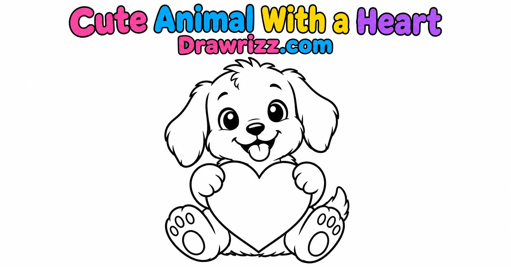 Gift drawing ideas featuring a cute puppy holding a large heart in simple black-and-white line art, perfect for sweet sketches