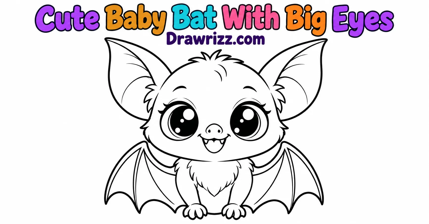 15 Bat Drawing Ideas for Cute and Easy Sketches Bat Drawing Ideas featuring a cute baby bat with big eyes, tiny fangs, adorable wings, and bold black outlines for coloring.