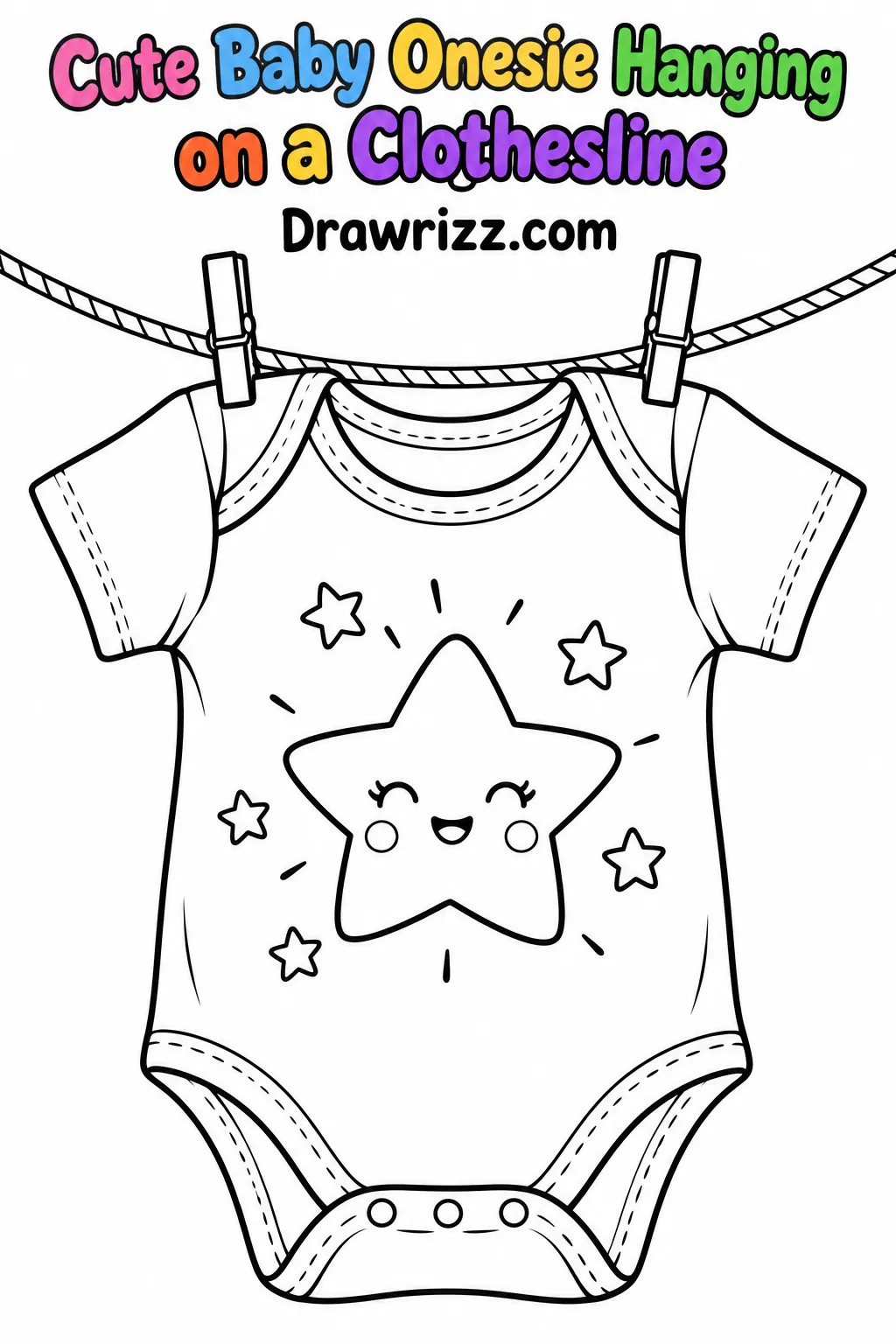 Cute baby onesie on a clothesline with a smiling star, featured in baby shower drawing ideas as a fun coloring page for kids.