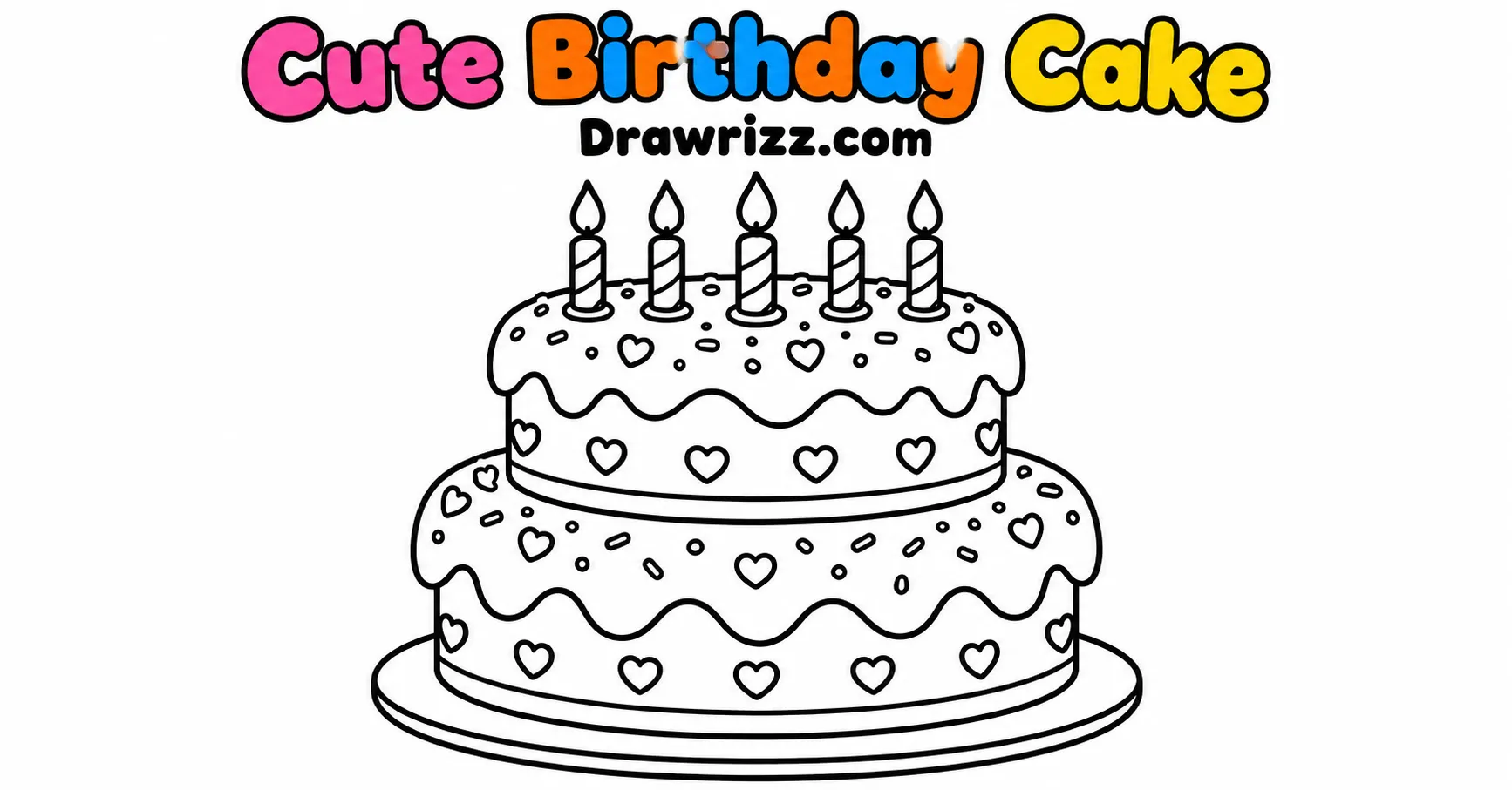 Party Drawing Ideas featuring a cute two-tier birthday cake with candles, heart decorations and simple black-and-white outlines.