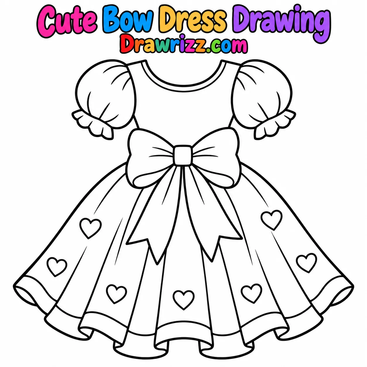 Dress Drawing Ideas featuring a cute bow dress with puff sleeves, heart patterns, and a flared skirt for kids to color and enjoy.