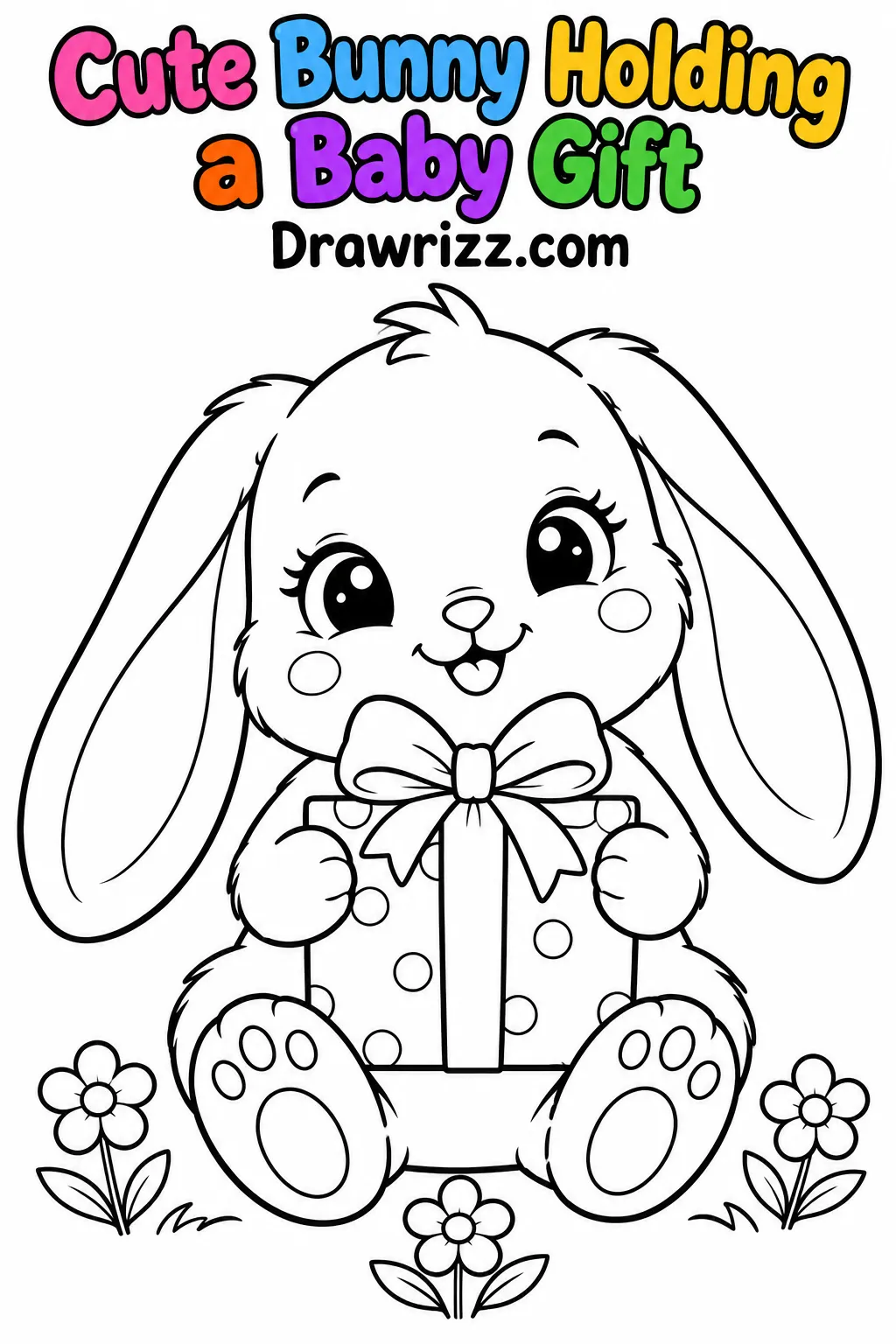 Cute bunny holding a wrapped gift with a ribbon bow and flowers, perfect for baby shower drawing ideas and coloring fun.
