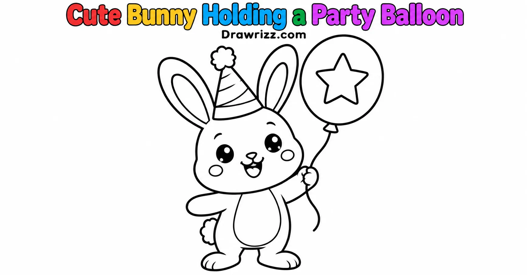 New Year Drawing Ideas featuring a cute smiling bunny wearing a party hat and holding a star balloon in black-and-white coloring art.