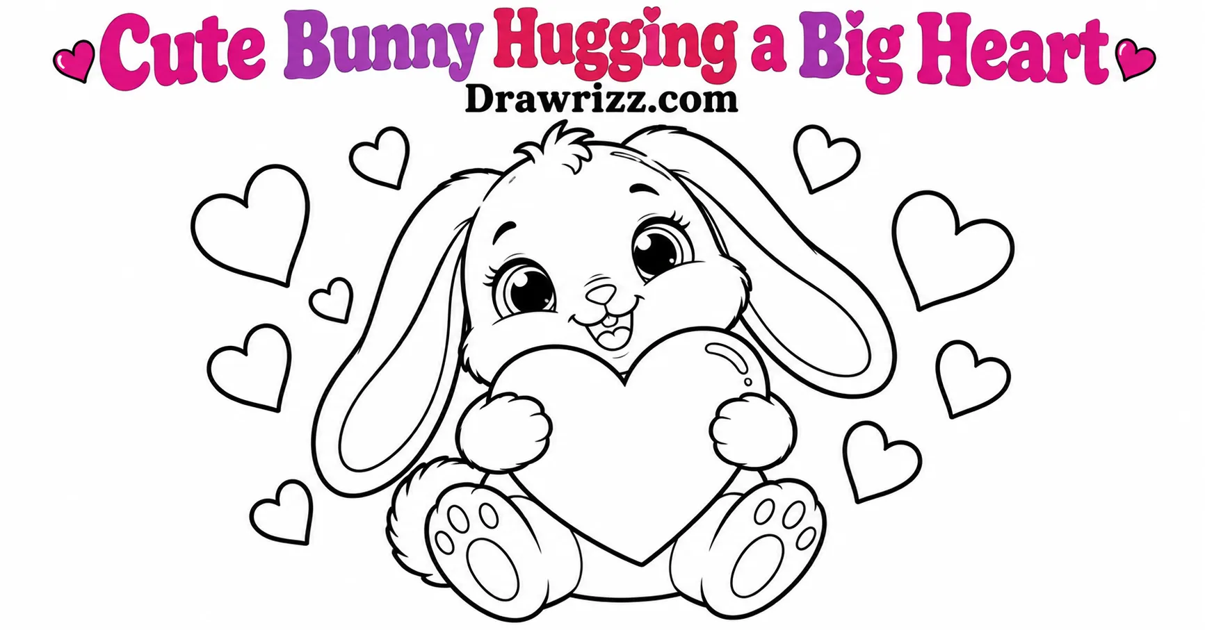 Valentine’s Day Drawing Ideas featuring a cute bunny hugging a big heart, floppy ears, sweet eyes, and floating hearts to color.