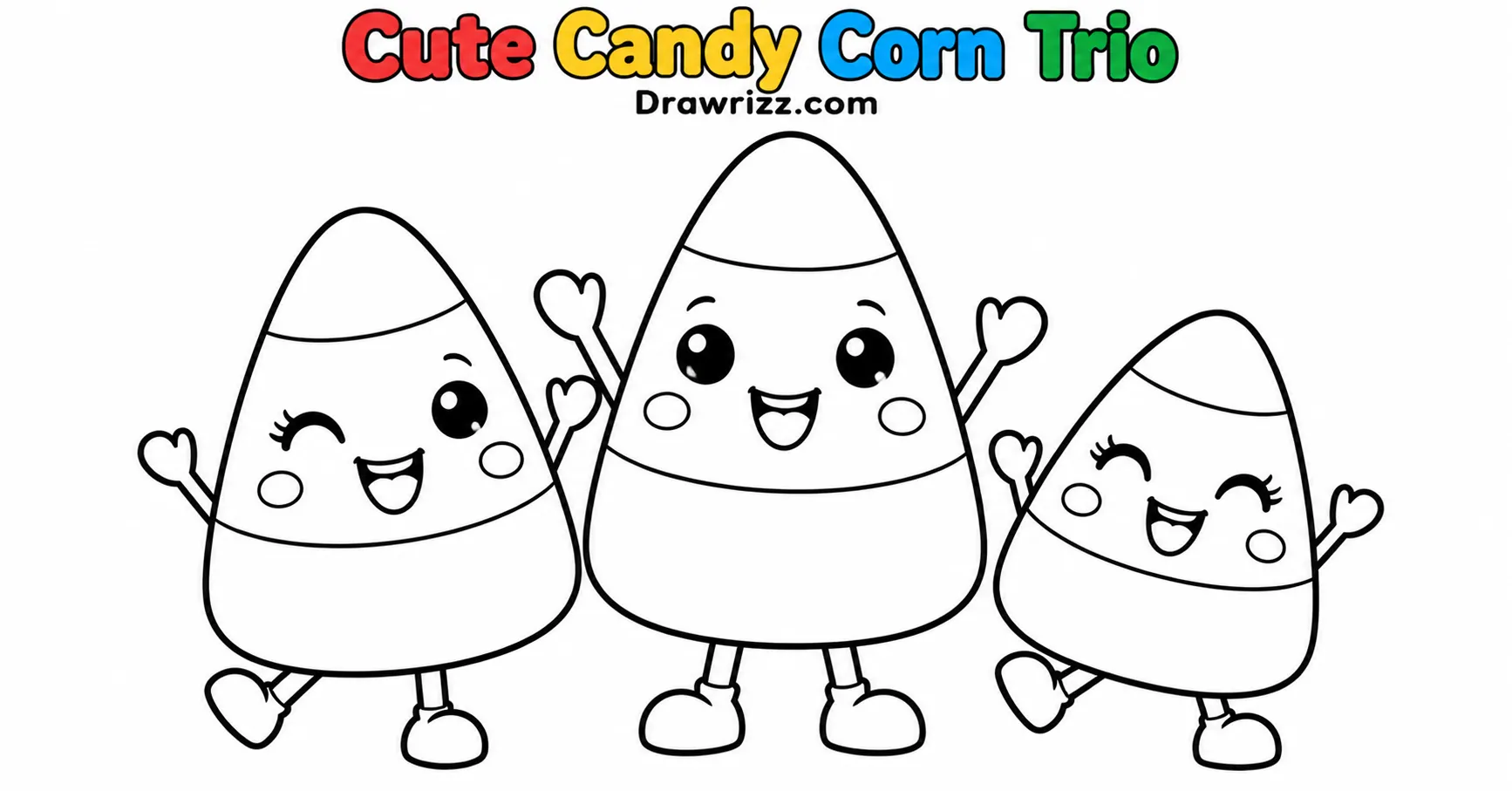 Halloween Doodle Ideas featuring three cute candy corn characters with happy faces, tiny arms, and feet in black-and-white line art