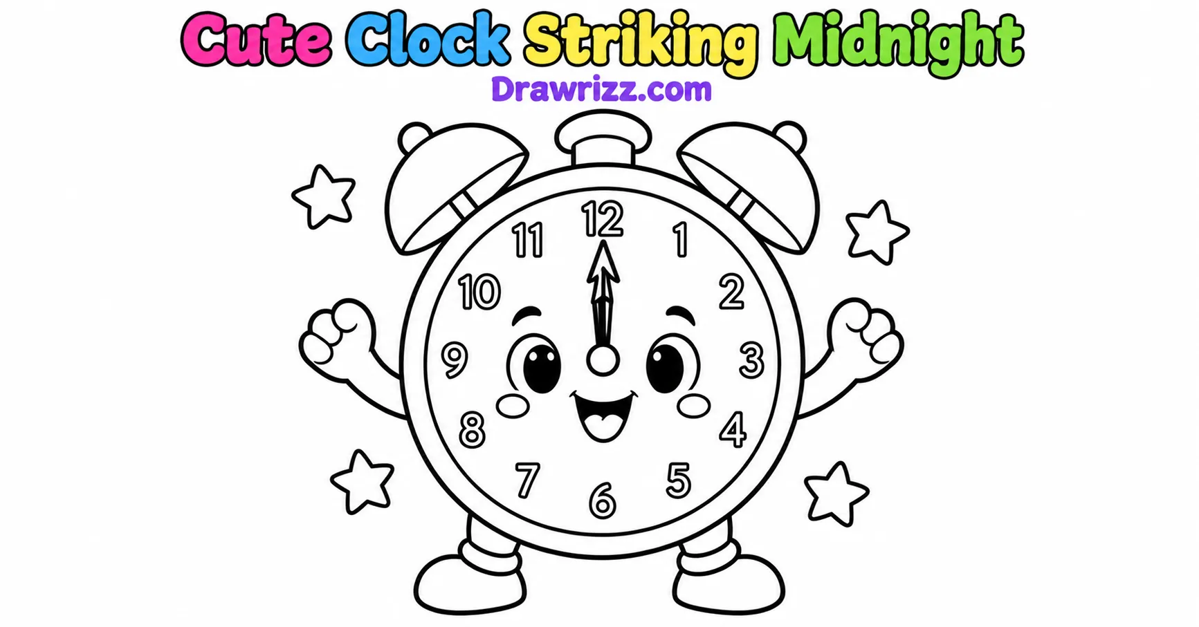 New Year Drawing Ideas featuring a cute smiling alarm clock striking midnight, surrounded by four stars in black-and-white line art.