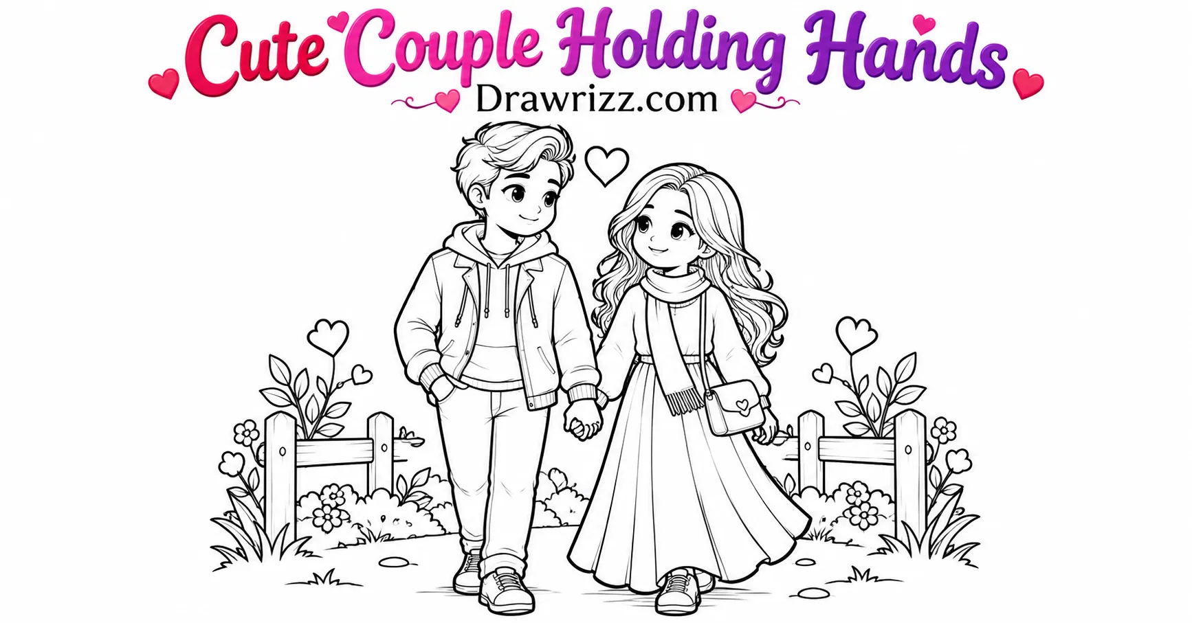 Valentine’s Day Drawing Ideas featuring a cute couple holding hands, smiling together, with hearts and floral coloring artwork.
