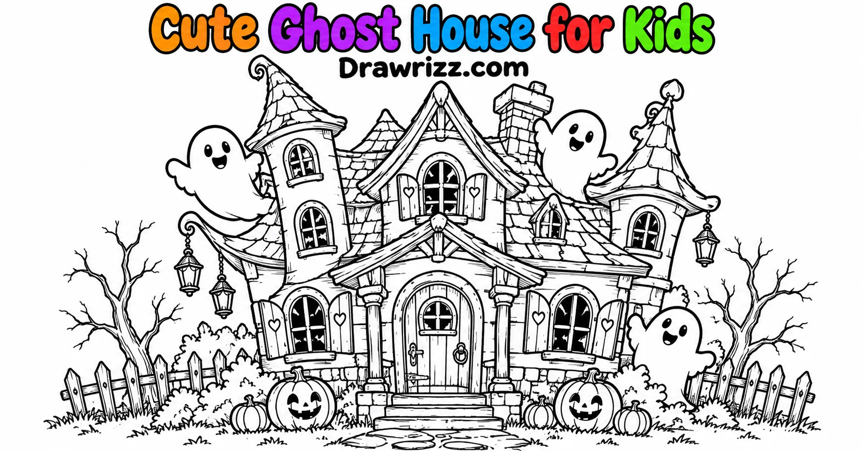 Haunted house drawing ideas featuring cute ghost house for kids with smiling ghosts, pumpkins, wonky towers and fun line art
